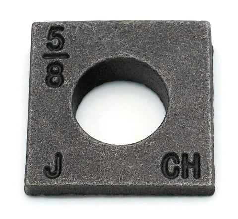 Close-up of a Beveled Square Washer in Plain Malleable Iron, showing 5/8 size marking and central hole, part of 100 count set.