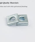 Beveled Square Washers 3/8 in ID by 7/8 in OD galvanized carbon steel pack of 10 shown in close-up with galvanized finish
