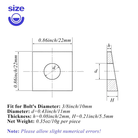 Diagram of Beveled Square Washers 3/8 in ID by 7/8 in OD galvanized carbon steel pack of 10 with dimensions and notes