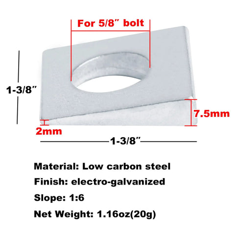 Beveled Square Structural Washers For Five Eighths Bolts And I Beams In Low Carbon Steel With Electro Galvanized Finish This Pack Of Twelve Measures Thirty Four By Thirty Four By Seven Point Five Millimeters Providing Secure Seating For Angled Beams