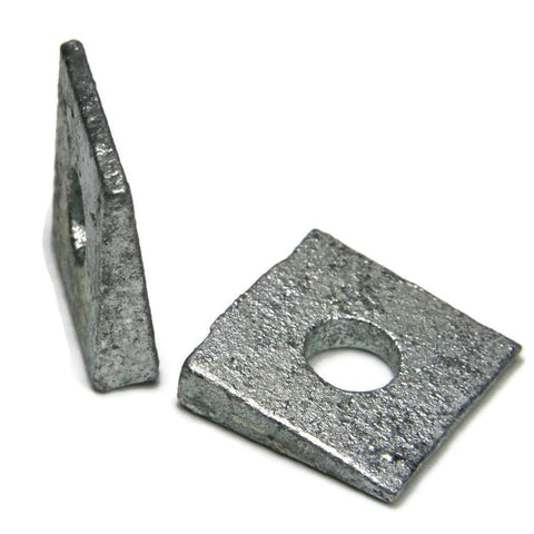 Beveled Square Washers Hot Dipped Galvanized Three Quarter Inch 25 Pack showing two washers, one standing upright, with galvanized finish