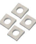 Beveled Square Washers M10 Stainless Steel Shim Leveling Wedge Washers Silver. Four square washers with central holes in stainless steel.