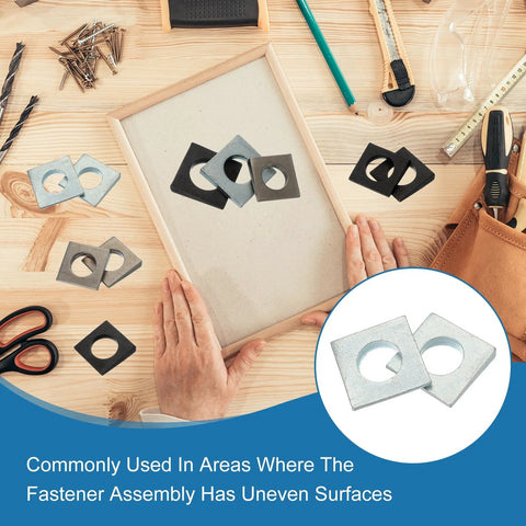 Beveled M8 Square Washers 20 Pcs 2 To 4.7mm Thick White 9mm ID, shown on workbench with tools