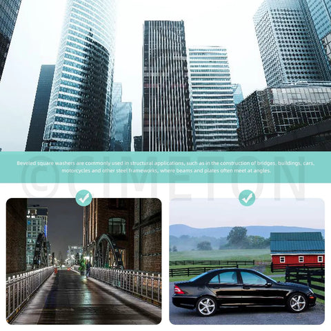 Urban skyline above images of a car and bridge, illustrating applications for Beveled Square Plate Washer Set 34Pcs In 6 Sizes M8 To M20 With Round Holes