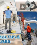 Collage showing beveled M8 square washers and their industrial applications on construction sites.