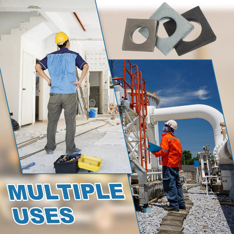 Collage showing beveled M8 square washers and their industrial applications on construction sites.