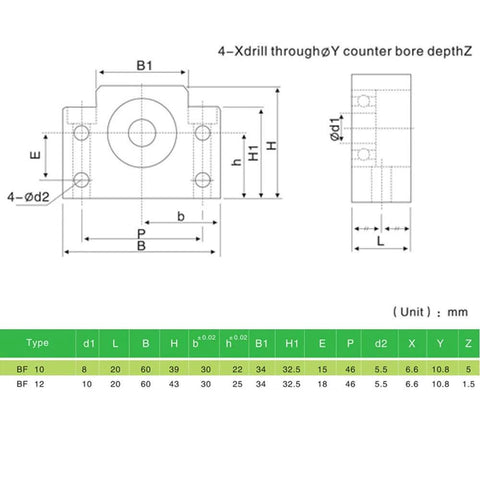 Technical diagram of CNC machine parts with dimensions for Standard End Supports 1PCS BK10, 1PCS BF10 for SFU1204 Ball Screw.
