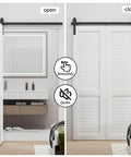 36" Bi-Folding Sliding Barn Door Hardware Track Kit, Smoothly&Quietly, Side Mounted Black Roller in open and closed position
