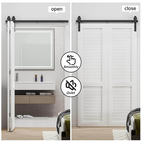 36" Bi-Folding Sliding Barn Door Hardware Track Kit, Smoothly&Quietly, Side Mounted Black Roller in open and closed position