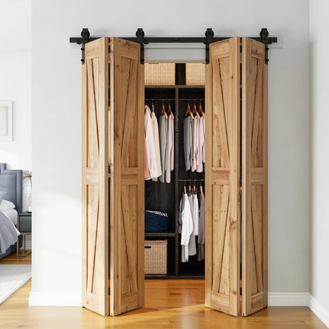 Installed Bi Folding Sliding Barn Door Hardware Kit For Four Doors Heavy Duty Side Mounted Bifold System 64 Inch Track