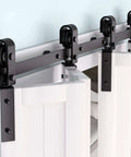 Beefed Up Heavy Duty Bi Folding Sliding Barn Door Hardware Track Kit with side mounted rollers for four closet doors, installed view.