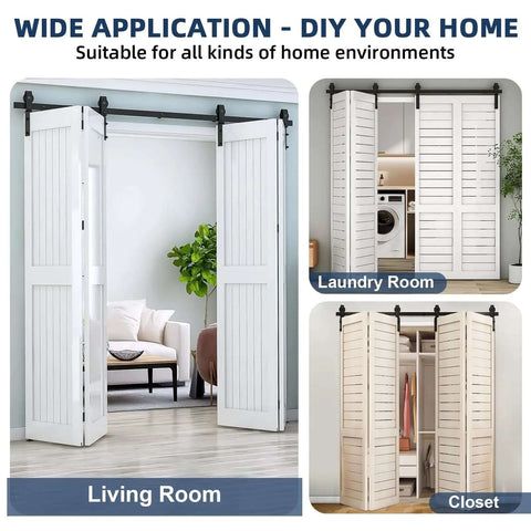 Beefed Up Heavy Duty Bi Folding Sliding Barn Door Hardware Track Kit for Four Closet Doors Installed in Living Room and Laundry