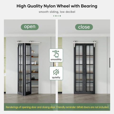28 Inch Brushed Nickel Bifold Sliding Barn Door Hardware Track Kit with Side Mounted J Shape Rollers for smooth operation