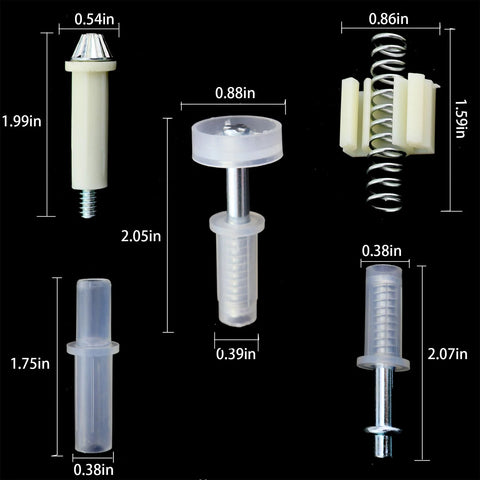 Bi-Fold Door Hardware Sliding Guides Set 10 Pieces For Bi-Fold Closet And Accordion Doors Repair Replacement Kit Durable Carbon Steel And Plastic Springs For Long-Lasting Sliding Performance; various components with measurements.