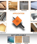 Applications of Bi-Metal Hole Saw for wood, plasterboard, PVC, with non-applicable materials like glass, ceramic tile, concrete shown.