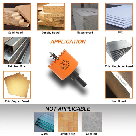 Applications of Bi-Metal Hole Saw for wood, plasterboard, PVC, with non-applicable materials like glass, ceramic tile, concrete shown.