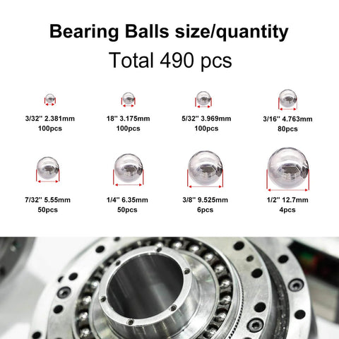 490Pcs Bicycle Bearing Balls Kit Six Sizes Precision Chrome Steel Balls Assortment with sizes from 3/32 inch to 1/2 inch.