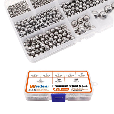490Pcs Bicycle Bearing Balls Kit Six Sizes Precision Chrome Steel Balls Assortment in compartmented box.