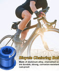 Blue M8 aluminum chainring bolts set delivers CNC precision, anodized finish, and lightweight security, shown with cyclist.