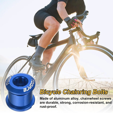 Blue M8 aluminum chainring bolts set delivers CNC precision, anodized finish, and lightweight security, shown with cyclist.