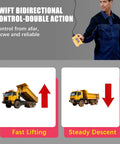 Person controlling Heavy Duty 8 Quart 12V DC Hydraulic Power Unit Double Acting For Dump Trailers with remote, showing lifting and descent.