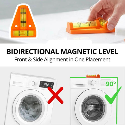 Bidirectional magnetic level demonstrating alignment usage on washing machines for accurate front and side leveling