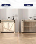 Mini Bifold Barn Door Hardware Kit 30 Inch Sliding Track for Closet Cabinet showing closed and open positions on cabinet