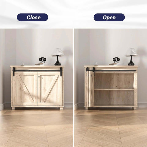 Mini Bifold Barn Door Hardware Kit 30 Inch Sliding Track for Closet Cabinet showing closed and open positions on cabinet