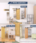 52 Inch Bifold Barn Door Hardware Kit for Two Doors in Black Finish installed in kitchen, study room, and bathroom.