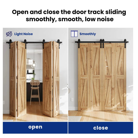 Bi Folding Sliding Barn Door Hardware Kit For Four Doors Heavy Duty Side Mounted Bifold System 64 Inch Track With Nylon Rollers installed