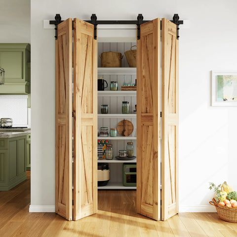 Bi Folding Sliding Barn Door Hardware Kit For Four Doors Heavy Duty Side Mounted Bifold System 64 Inch Track With Nylon Rollers