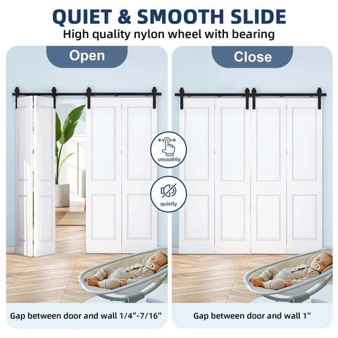Illustration of Beefed Up Heavy Duty Bi Folding Sliding Barn Door Hardware Track Kit for Four Closet Doors, showing open and closed positions.