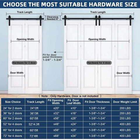 Size chart for Beefed Up Heavy Duty Bi Folding Sliding Barn Door Hardware Track Kit For Four Closet Doors with specifications.