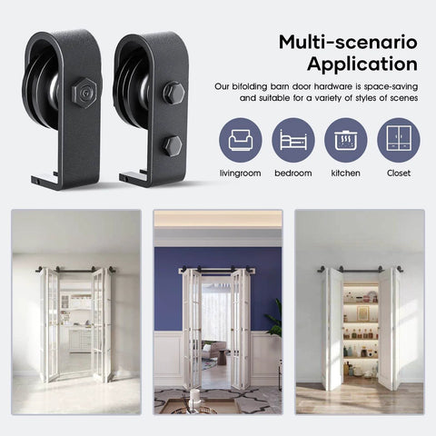 52 inch Bifold Barn Door Hardware Track Kit for Two 24 inch Closet Doors shown with installation examples in home settings