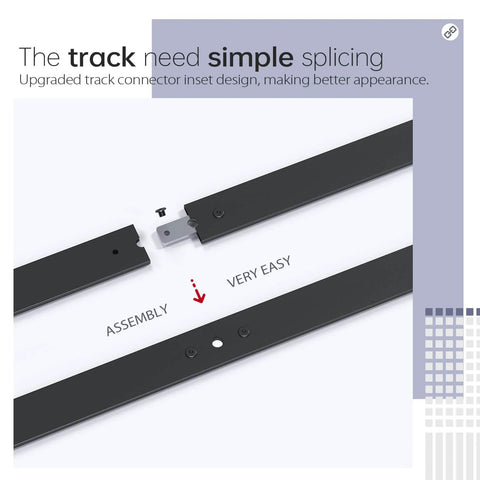 52 inch Bifold Barn Door Hardware Track Kit for Two 24 inch Closet Doors showing assembly of black track splicing system