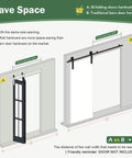 Diagram comparing bi-fold and traditional barn door hardware, showing space-saving design for 28 Inch Brushed Nickel Bifold Sliding Barn Door Hardware Track Kit With Side Mounted J Shape Rollers For Smooth Quiet Operation Easy Assembly Designed To Fit Double 12 Inch Bi Folding Doors Door Not Included.