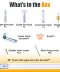 Contents of Bifold Closet Door Hardware Kit with 48" Tracks, including pins, bracket, knobs, screws, guides, and snuggers.