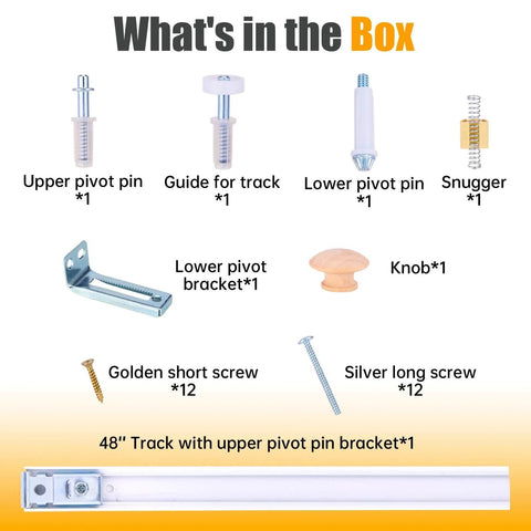 Contents of Bifold Closet Door Hardware Kit with 48" Tracks, including pins, bracket, knobs, screws, guides, and snuggers.