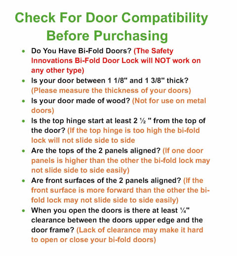 Door compatibility checklist for bi-fold doors featuring safety guidelines for 1 3/8 inch wood doors using Two Pack Bifold Door Lock Child And Pet Proof Tool Free Install Clear Polycarbonate.