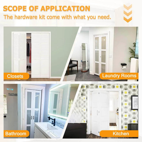 Applications of Bifold Door Hardware with Track in closets, laundry rooms, bathroom, and kitchen.