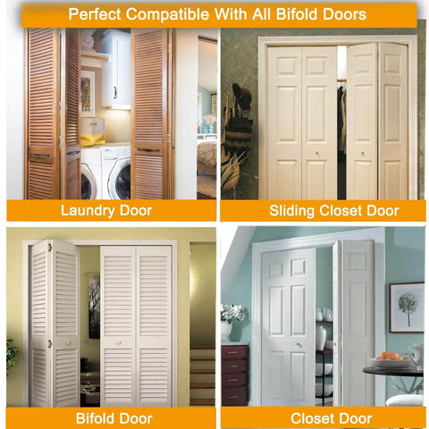 Various bifold doors showcasing Bifold Door Hardware kit for 7/8" to 1" Track installation compatibility in home interiors.
