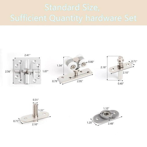 Components of 2 Pack Bifold Door Hardware Kits displaying measurements for easy installation of 36 inch long track, heavy duty use.