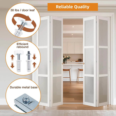 Bifold Door Hardware Kit, 2-Pack 30-Inch Bi-fold Closet Door Track Kit installed with close-up inserts, kitchen in background