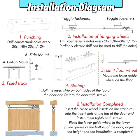 Installation diagram for Bifold Closet Door Hardware Kit 60 70 72 80 90 100 in Track, showing steps and mounting instructions