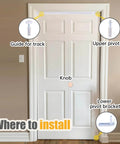 Installation guide for Bifold Closet Door Hardware Kit with 48" Tracks, showing track guide, pivot pin, and bracket locations.