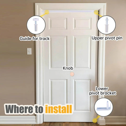 Installation guide for Bifold Closet Door Hardware Kit with 48" Tracks, showing track guide, pivot pin, and bracket locations.