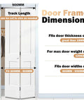 Bi-fold multi-panel door installed with highlighted frame dimensions and track length, part of the Bifold Door Hardware Kits.