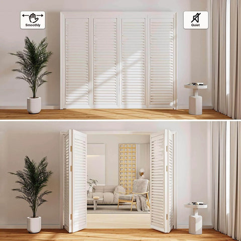 Bifold door hardware kit with 48 inch closet track for folding doors, installed in a room, showcasing smooth, space-saving operation.