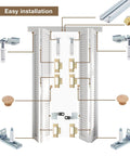 Bifold door hardware kit with 48 inch closet track for folding doors, showing pivots, hinges, brackets, and guide wheels