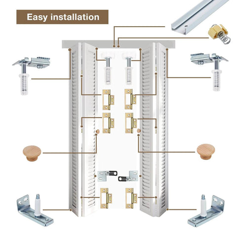 Bifold door hardware kit with 48 inch closet track for folding doors, showing pivots, hinges, brackets, and guide wheels